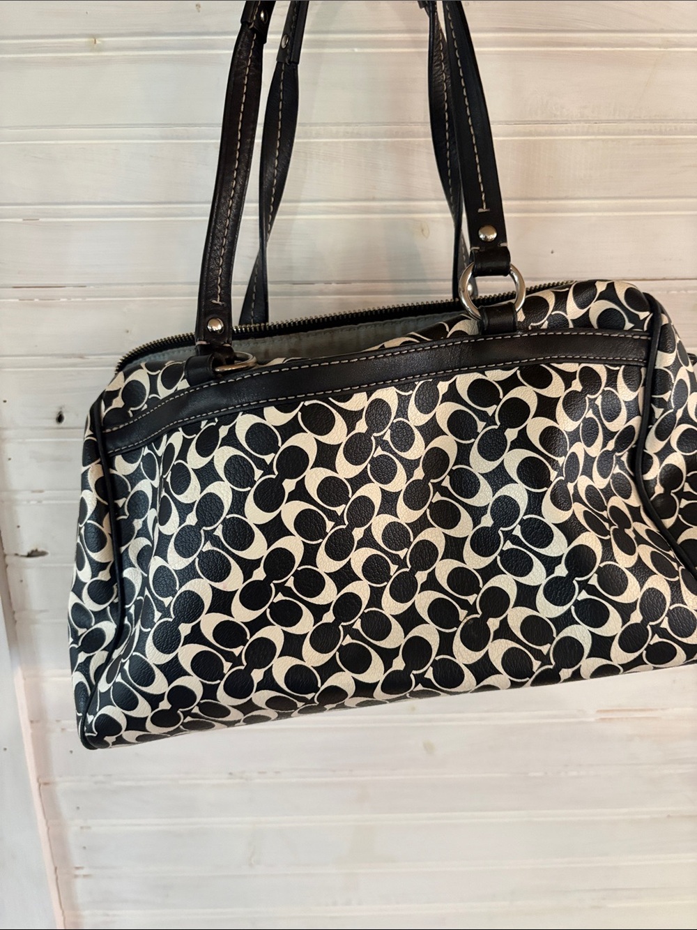 Coach Black and Cream Signature Stripe Satchel - Picture 3 of 4